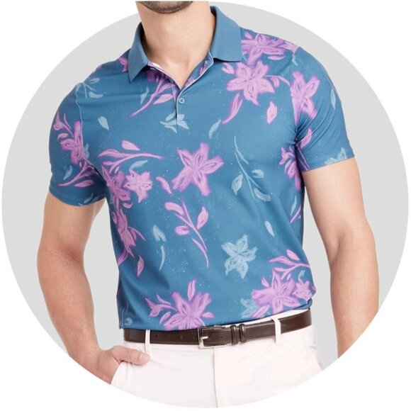 Medium - Mens Floral Print Textured Polo Shirt - All In Motion - Blue - Picture 1 of 6
